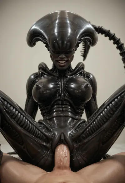 masterpiece, xeno, woman, black skin, xenomorph queen from alien, dark-skinned female, no hair, Ridge, ((perfect woman face)), (((human face))), ((perfect human pussy)), pussy fucking, big dick, POV, human dick, fuck with man, high detail pussy, high realistic, ((beautiful 20yo woman face)), front of head human from forehead transitioning to elongated back part xeno, human face of beautiful woman with normal teeth and eyes, oiled body, female, xenomorph, tail, xenowaifu, <lora:female_xenomorph_sdxl_V2:.8>