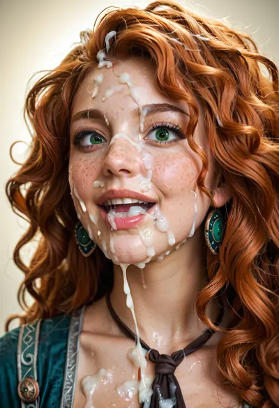 29 year old woman, surprised happy, super close hot of bukkake, cumshot, facial portrait picture of her face in cum facial, realistic skin with pores and light freckles, with natural minimal makeup, dark green eyes, excessive loads of long Cumshots on her face, cum on her long black eyelashes, Cum on her eyelids, Cum on her cheeks, her face drippin with Cum, Cum on her lips. cum on her hair, merida woman, cum on face, <lora:JustCum:2>, <lora:add-detail-xl:2>