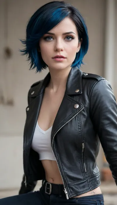 Luna snow de marvel rivals, luna snow de marvel comics., (((Short twocolor hair)), ((withe hair)), (Black hair)), (small leather rocker jacket), (blue eyes), ., <lora:580159_training_data:1.7>, <lora:668315_training_data:.1>, <lora:Microwaist_XL_v01:.7>