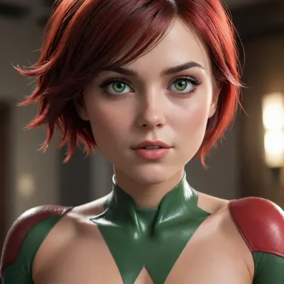 peni Parker de marvel rivals, peni tiene 18 años de edad, cara hermosa, (ojos claros), Green eyes, piel muy blanca, cuerpo completo., trasero grande, pequeña cintura, (traje de peni Parker rojo con blanco), cabello negro con rojo, nude small breasts, <lora:580159_training_data:1.7>, <lora:668315_training_data:.1>, <lora:Microwaist_XL_v01:.7>