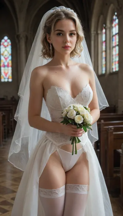 Hot bride alone on the altar of church holding a bunch of flowers, medium tits, perfect hands, small waist, blonde hair. She is wearing a sexy wedding dress and white stockings.