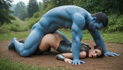 World of Warcraft, masterpiece, (Night elf girl), blue skin and hair, natural tits, beautiful girl, huge boobs, orgasm, sex, ((detailed face)), head thrown back, mouth open, crying, face down on the ground, ass up, torn leather clothes, being fucked hard in the anus by a huge, bearded, white, human, man, wearing leather armour, missionary, arrow quiver laying on the ground nearby, arrows sticking out of the ground around the scene, bad, anatomy, hands, feet, <lora:crying:.4>, <lora:badanatomy_SDXL_negative_LORA_SeaArtXL_v1:.4>