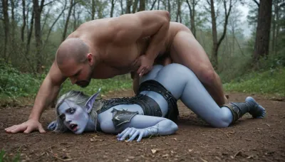 World of Warcraft, masterpiece, (Night elf girl), blue skin and hair, natural tits, beautiful girl, huge boobs, orgasm, sex, ((detailed face)), head held down, mouth open, crying, face down on the ground, ass up, torn leather clothes, being fucked hard in the anus by a huge, bearded, white, human, man, wearing leather armour, missionary, arrow quiver laying on the ground nearby, arrows sticking out of the ground around the scene, bad, anatomy, hands, feet, <lora:crying:.6>, <lora:badanatomy_SDXL_negative_LORA_SeaArtXL_v1:.7>