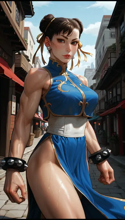masterpiece, best quality, high resolution, hires, score_9, score_8_up, score_7_up, score_6_up, ((Chun_Li from Street Fighter)), incase, style, ratatatat74, solo, close up, medium breasts, (muscular body, thick thighs), sweat, eyes looking at viewer, detailed pupils, smirk, fighting pose, detailed, day, city street, <lora:287175_training_data:1.5>, <lora:ratatatat74-000050:1.3>