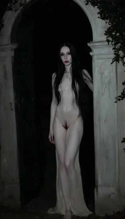 High contrast, supernatural ghost girl, 18 year old goth, black, very, very long hair, skinny, very slim body, shadow figure, (cemetery at night, tomb door is open), (pale, white skin:1.9), killer confidence, mascara, mysterious presence, haunting presence, very long legs, dangerous guest, deadly gaze, barefoot ghost girl, ((tattoos:1)), ((black pubic hair:1.6)), walking towards me, clawed hands, full body, looks menacing, horror, moonlight, outdoors, dark vision, airy figure