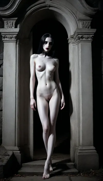 High contrast, Alternative, 18, goth, cemetery at night, tomb doors are open, non-uniformity, shadow figure, super position, transformation, skin painted pale white, seductive, imposing, killer's confidence, troll tail, bathing in tears, mascara, mysterious presence, haunting presence, stunning long legs, dangerous visitor