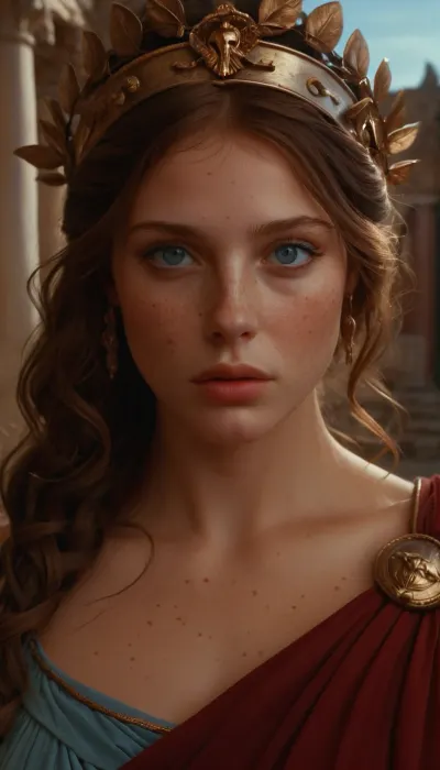 Scene takes place in Ancient Rome, two female topless Roman soldiers are guiding Lucianna a beautiful nude young noble dame wearing necklaces. Females are busty with different hairstyles and hair colors, RomInt, wearing, loriseg, armor, and, helmet, red, tunic, shirt, sandals, shield, spear, sword, (read, notes), handscuffs, handcuffed, (luc14nn4, freckles, on, her, nose, long, hair, brown, expressive, blue, eyes, soft, pale, skin.), zavy-rmn, <lora:Lucianna Flux - v4 Epoch 8:1.3>, <lora:zavy-rmn-sdxl:1.2>