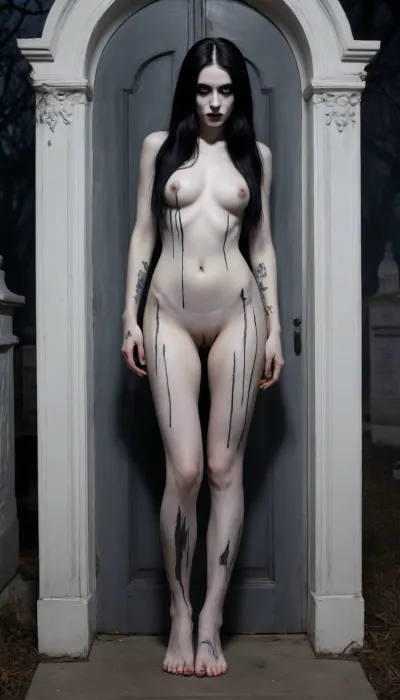 High contrast, Alternative, 18, goth, black very very long hair, cemetery at night, tomb doors are open, non-uniformity, shadow figure, super position, transformation, (skin painted pale white:1.6), seductive, imposing, killer's confidence, troll tail, bathing in tears, mascara, mysterious presence, haunting presence, stunning long legs, dangerous visitor, burning eyes, ghost girl, barefoot, (black half hands, black half legs), black tattoo, black pubic hair