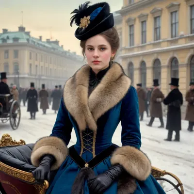 "Unknown Woman" is a painting by Russian artist Ivan Kramskoy, painted in 1883. The canvas depicts a young woman riding in an open carriage along Nevsky Prospect near the pavilions of the Anichkov Palace. The Alexandrinsky Theatre can be seen behind her to the right. She is dressed in the latest fashion of the 1880s. She is wearing a velvet hat with feathers, a coat decorated with fur and ribbons, a muff and thin leather gloves. Her look is regal, mysterious and a little sad. Her outfit, a "Francis" hat, trimmed with elegant light feathers, "Swedish" gloves made of the finest leather, a "Skobelev" coat decorated with sable fur and blue satin ribbons, a muff, a gold bracelet, all these are fashionable details of women's clothing of the 1880s, claiming expensive elegance.