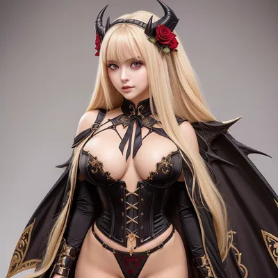 adult woman, big eyes, purple eyes, very long hair, waist-length hair, blonde hair, confident and flirtatious look, confident expression, flirtatious expression, two dark, curved horns emerging from her head, big breasts, narrow waist, curvaceous, big buttocks, big ass, round ass, sharp nails, hand on waist, hand covering mouth, fantasy outfit that is both sensual and elegant, designed for a female demon character. The costume consists of a black corset open in the center revealing the chest, navel, and abdomen with gold trim and crisscrossed straps that emphasize the bust. On the sides of the corset are dark frills and small red floral decorations, including a crimson rose placed on the left hip. The bottom piece is a high-cut black panty attached to a decorative golden belt with ornate buckles. On the left leg, she wears a white lace garter adorned with a small red rose. Her boots are thigh-high, black with sharp golden geometric accents and embedded red gems on the knees and ankles. Her arms are decorated with golden arm bracelets, leaving her shoulders bare. Draped over her shoulders is a dark cape shaped like bat wings, attached with white fur trimming. The outfit is topped with a small tilted golden crown and two stylized dark horns emerging from her head, enhancing the demonic appearance. The aesthetic is fitting for a gacha or JRPG character, with visual style reminiscent of Azur Lane, Honkai Impact, or Granblue Fantasy