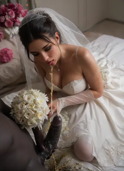 A luxurious and elegant bridal suite. A beautiful busty bride in wedding dress carefully laid out on the bed, focus on wedding rings, cum on wedding ring., ((extra large black penis)), (((a black skin man pissing on wedding dress and heavy cumshot on bridal bouquet))), next to it a delicate bridal bouquet with soft pastel flowers. On the floor near the bed, a pair of elegant white high-heeled bridal shoes. The room is bathed in soft natural light coming through large windows, with tasteful decor, golden accents, and a romantic atmosphere. High-end, editorial style photo, soft focus background, dreamy and refined aesthetic. realistic lighting, soft shadows, high detail, hyperrealistic, 8K, BadX, dvr-shrp, <lora:dvr-shrp:.9>, <lora:Image Enhancer XL Extreme v1:.9>