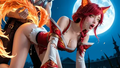 Foxfire Ahri from league of Legends, Dark Red hair, Braided Ponytail, slender body, medium breasts, Fiery fox tails, ripped clothes, ahegao, Below view, glowing yellow eyes, sex from behind, getting fucked by human man, Doggystyle, big dick, cum in pussy, cum on ass, cum on face, cum on breasts, full moon background, ultra detail, (((Dark Red hair:1.3))), (((Fiery Fox Tails:1.3))), (((On hands and knees:1.2))), (((sex from behind:1))), (((ripped clothes:1.4))), ahri, 1girl, long, hair, animal, ears, whisker, markings, korean, clothes, cleavage, detached, sleeves, <lora:ahri_sdxl_lowlearningrate-000024:.8>