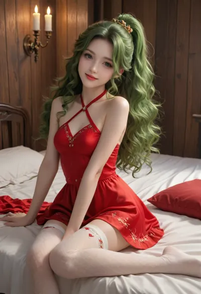 1 girl, (Terra from FF), age 18, sitting on the edge of her bed, white skin, very beautiful, happy smiling face, (dark neon green hair), (long hair), (curly hair), (ponytail hairstyle), golden hair ornament, skinny, short waisted, petite, (natural medium breasts), (wearing a red halter top mini dress), red dress, (wearing white pattern stockings up to her knees), in a medieval loft bedroom, wooden walls, wooden rafters, large soft bed, quilted blankets, pillows, ((thin rapier style fantasy sword leaning against the bed)), midnight, candle light, color, hair, <lora:colorhairXL2v:.8>