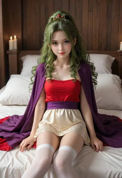 1 girl, (Terra from FF), age 18, sitting on the edge of her bed, white skin, very beautiful, happy smiling face, (dark neon green hair), (long hair), (curly hair), (ponytail hairstyle), golden hair ornament, skinny, short waisted, petite, (natural medium breasts), (wearing a form fitting red mini dress with an above the knee hemline), red dress, (wearing white stockings up to her knees), (wearing a purple sash around her waist and a purple cape), in a medieval loft bedroom, wooden walls, wooden rafters, large soft bed, quilted blankets, pillows, ((sword laying on the bed)), midnight, candle light, color, hair, <lora:colorhairXL2v:.8>
