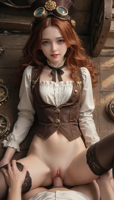steampunk, young beautiful girl 18 years old lying on her back with her legs spread, (missionary position), fingers in the girl’s pussy, skinny, skinny face, very thin waist, super cute face, steampunk clothing, steampunk jewelry, steampunk tanker's earflap hat with aviation goggles, red curly long hair, (freckles), steampunk makeup, smile, perfect teeth, old-fashioned blouse, old-fashioned mechanic's jacket in steampunk style, stockings, very small tight pussy, steampunk workshop, steampunk mechanisms animatrons in the background, (muted contrasting warm light:1.3), (highly detailed face:1.3), <lora:654321_training_data:.8>