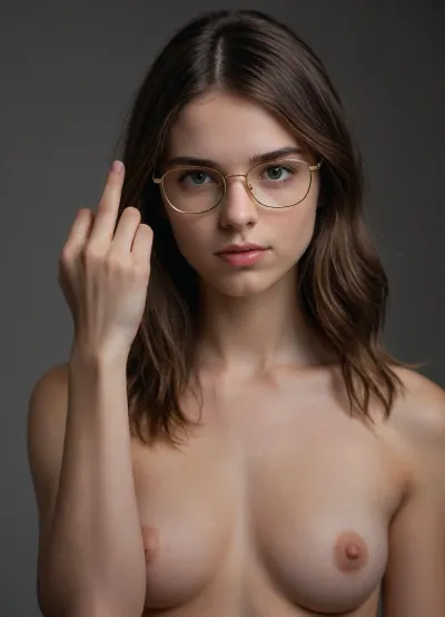 a petite French girl 21 years old, 5'3 tall, 88 lbs, perfect gray and green eyes, tall thin gold rectangular glasses, long straight dark brown hair with a mid part and highlights at the ends, full body, naked, small saggy natural tits, extremely hairy pussy and hairy groin, natural skin texture, hyperrealism, sharp, ultra detailed, sharp focus, best quality, masterpiece, intricate details, hyperrealistic, in a photo studio, front of a white wall, make a fist, shows his middle finger