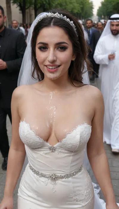 Awesome Iranian curvy 20 years old Bride in elegant and luxury wedding dress walking in the city with face covered in cum, heavy facial cum, cum on face, cumwalk, making a selfie, high heels, long hair, black hair, smartphone, holding phone, selfie, woman, facial, cum, on, face, breasts, stomach, In Tehran Street, shame, many arab man behind the bride walking and laughing. walk of shame, covered, in, perfect, <lora:JustCum:1>, <lora:Facials:.5>, <lora:1122530_training_data:.8>