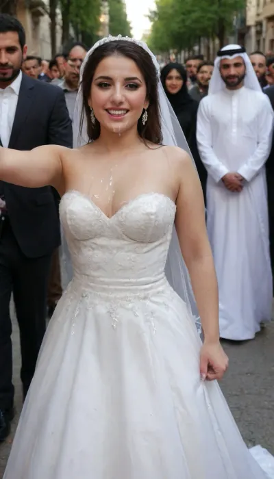 Awesome Iranian curvy 20 years old Bride in elegant and luxury wedding dress walking in the city with face covered in cum, heavy facial cum, cum on face, cumwalk, making a selfie, high heels, long hair, black hair, smartphone, holding phone, selfie, woman, facial, cum, on, face, breasts, stomach, In Tehran Street, shame, many arab man behind the bride point the bride with hands and laughing. walk of shame, covered, in, perfect, <lora:JustCum:1>, <lora:Facials:.5>, <lora:1122530_training_data:.8>, <lora:639536_training_data:.8>