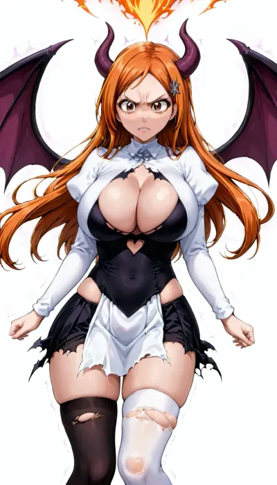 orihime inoue from bleach, long orange hair, hairpins, big breast, white background, body trembling, demon fusion, horns, wings, demonic aura, sexy clothes, angry, torn legwear, anime style, brown eyes, 1girl, orange, hair, ornament, cleavage, <lora:Inoue:.8>