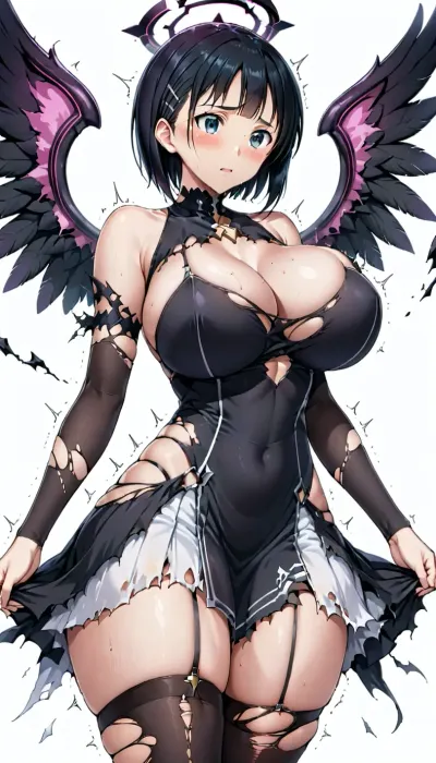 Suguha Kirigaya from sword art online, big breast, body trembling, white background, angel corruption, broken halo, black wings, torn legwear