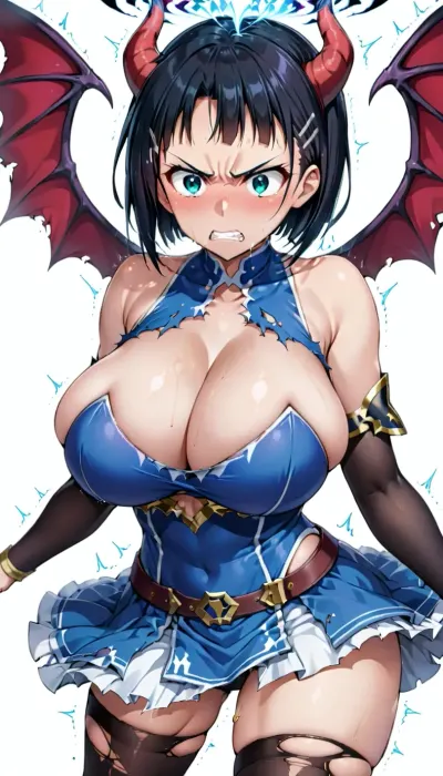 Suguha Kirigaya from sword art online, big breast, body trembling, white background, demon fusion, horns, wings, demonic aura, angry, torn legwear
