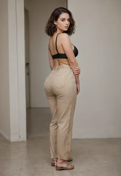 One brunette porn model. Massive boobs visible out, round ass. Linen short jumpsuit with lace-up neckline, Beige linen jumpsuit with lace-up neckline, black lace bra, beige flat sandals, beige leather necklace.