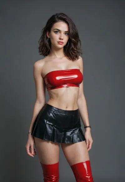 One brunette Instagram model. Massive boobs. Latex bandeau top and ultra-short pleated skirt, Red latex bandeau top, black pleated skirt, black vinyl thigh-high boots, steel bracelet.