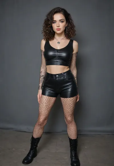 One brunette Instagram model. Big boobs. Open fishnet bodysuit and vinyl shorts, Open black fishnet bodysuit, black vinyl shorts, mid-calf leather boots, black leather necklace.