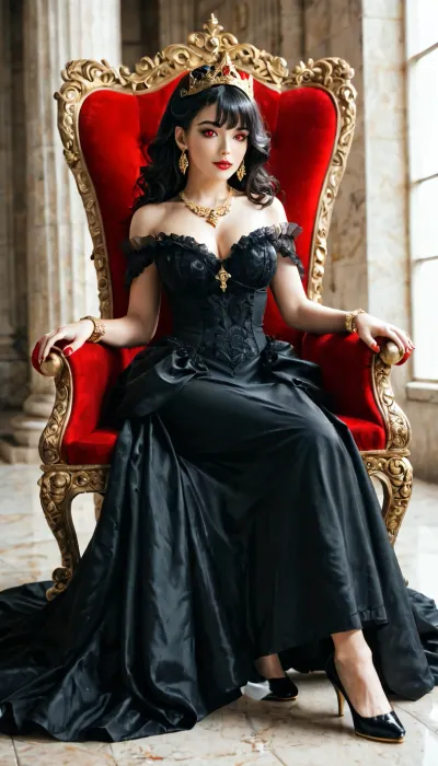 gold fleur delise earrings and necklace, wavy black hair with bangs, big irises, vampire queen, red eyes, large jeweled crown, black royal gown, sitting on throne, full body view, gold bracelets, gold royal heels