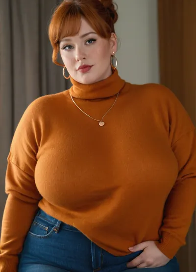 (oversized ssbbw), . Oversized thick thighs and oversized wide hips. Oversized wide sweater. Natural ginger hair, pixie cut hairstyle. Freckles on face. Long eyelash. chubby face, (chesty), teasing seductively, lips, lipstick. Tight jeans. Big earrings. massive fat cleavage, Seductive posing., yuigahama_mother_a, orange, hair, bun, single, sidelocks, bangs, eyes, mature, female, large, breasts, sweater, turtleneck, denim, jeans, pants, <lora:ガハママ Yuigahama mother (My Youth Romantic Comedy Is Wrong As I Expected.)_XL:.4>