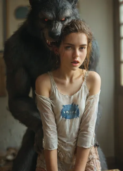 (Movie poster for a 1960s horor movie version of breakfast at Tiffany's:1), Werewolf, massive red knotted werewolf penis, red eyes, doggystyle sex, beautiful skinny woman, rough sloppy sex, primal mating, cum inside, growling, impregnation, moaning and drooling from the mind melting orgasm, small perky boobs, impossible fit, grabbing her waist, grabbing hair, modern-werewolf, (/Ben10), /, (ultra, HD, quality, details), (green, eyes), flat, chest, pale, purple, akgmiria_AA, akagi, miria, brown, two, side, up, black, red, hoodie, hooded, jacket, shorts, open, akgmiria_BB, hood, blue, striped, shirt, akgmiria_CC, scrunchie, gray, skirt, bag, <lora:Modern_Werewolf:.8>, <lora:MJ52:1.1>, <lora:akagi_miria_animagine_v1:.8>, kokkoro, short, hair, white, ornament, between, eyes, bare, shoulders, small, breasts, detached, sleeves, sleeveless, puffy, dress, antenna, green, see-through, <lora:kokkoroXL:.8>