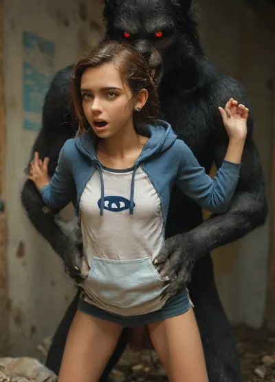 (Movie poster for a 1960s horor movie version of breakfast at Tiffany's:1), Werewolf, massive red knotted werewolf penis, red eyes, doggystyle sex, beautiful skinny woman, rough sloppy sex, primal mating, cum inside, growling, impregnation, moaning and drooling from the mind melting orgasm, small perky boobs, impossible fit, grabbing her waist, grabbing hair, modern-werewolf, (/Ben10), /, (ultra, HD, quality, details), (green, eyes), flat, chest, pale, purple, kokkoro, akgmiria_AA, akagi, miria, brown, eyes, two, side, up, short, hair, black, red, hoodie, hooded, jacket, shorts, open, akgmiria_BB, hood, blue, striped, shirt, akgmiria_CC, scrunchie, gray, skirt, dress, white, bag, <lora:Modern_Werewolf:.8>, <lora:MJ52:1.1>, <lora:akagi_miria_animagine_v1:.8>