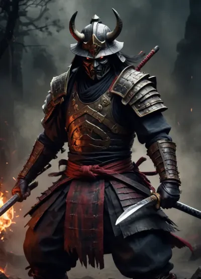 unstoppable demonic samurai in full battle gear, badass, no face, brutal composition, digital painting, (expressionism:1.1), dramatic, gloomy, emotionally profound, intense and brooding dark tones, high quality, high resolution, leaving an indelible and haunting impression on psyche, unforgettable, masterpiece, emotional depth