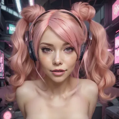 a close up of a person with headphones on and a pink wig, smooth pink skin, thicc, sexy pose, some pink, oppai cyberpunk, very sexy pose, belle delphine, ultra realistic picture, pink fox, pink twintail hair and cyan eyes, lit from behind, covered in pink flesh, breath taking, detailed and soft, hyper realistic anime, nude girl, vagina, thin girl, small breasts, small ass, lingerie. hand101, no-one30, <lora:No-one30:.5>, SZ_4po, enviroment, <lora:PostApocalyptic_v4:.5>