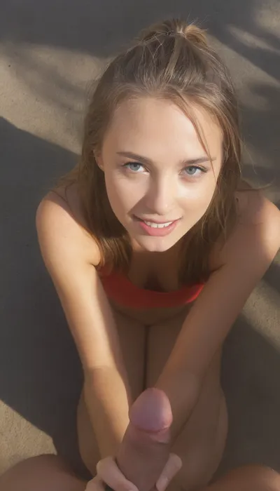 (((giving handjob to extremely huge penis))), 22 years old, (((Thai))), virgin, naive, Deep topaz brown eyes, (((shocked))), (((tears))), brunet hair, medium length hair, half ponytail hairstyle, slightly wavy hair, hair bangs, skinny body, blood_red shirt_dress, no underwear, long stockings, in an amusement park, detailed face, realistic, high resolution, high details, (((Lighting for Face, Broad lighting, Glow on face, Sun bathing face)))