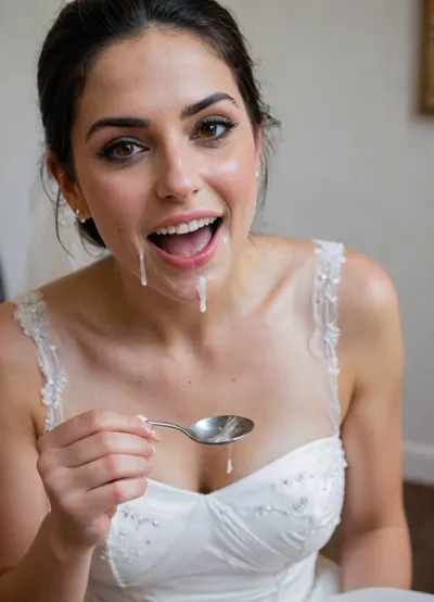 side view, black plastic container, A sexy Iranian bride in her white wedding dress sits casually, black hair, brown eyes, eating a thick, clear-white sperm from a small black plastic container with a spoon. The cum has a glossy, semi-transparent, milky appearance — thick, sticky, and highly viscous, stretching slowly as she lifts it with the spoon. Its texture is gooey and elastic, with long, stringy drips forming between the spoon and the container. The bride looks amused and playful, smiling mischievously as she engages in this odd moment. The contrast between her elegant look and the strange act creates a quirky and humorous scene. Soft wedding decorations or a bridal suite are in the background, adding charm and irony to the moment., woman, cum, on, face, W3dd1ng, <lora:Adjust_SDXL_v3.0:.8>, <lora:JustCum:2>, <lora:W3dd1ng:2>