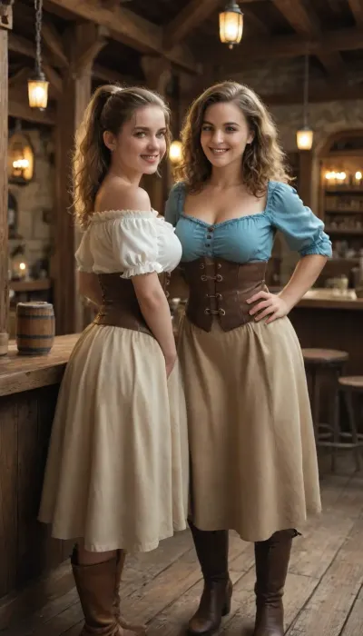 Inside a cozy, bustling medieval tavern, lit warmly by hanging lanterns, a cheerful white woman with blonde hair tied in a ponytail and sparkling blue eyes tends the bar. She wears a blue top tucked into a tan skirt, cinched with a brown leather corset and belt, and brown boots. She is chubby, smiling brightly, and her face is detailed with soft, warm features. Beside her, another equally cheerful woman bartends, white with chestnut brown wavy hair down to her shoulders, green eyes, a freckled face, and an athletic build. She wears a cream blouse, dark green corset, brown trousers, and black boots. Both women laugh and serve drinks behind a rustic wooden bar lined with mugs and barrels. The tavern is lively, filled with the sounds of chatter and clinking glasses. Highly detailed, vibrant colors, fantasy concept art style, cinematic lighting