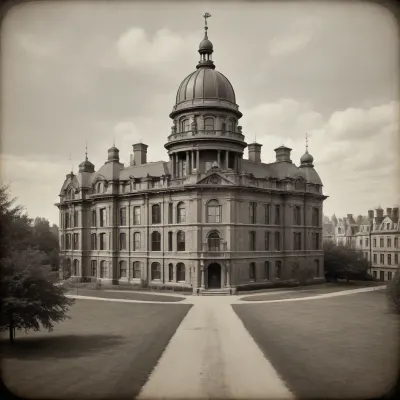 ((19th century vintage Victorian photography:1.7), Victorian entourage, tintype, dry plate, grainy, real, (facing camera:1.2)), the building of Gringotts Wizarding Bank from Harry Potter books series, period-accurate photo, (view from long distance, view from afar:1.5)