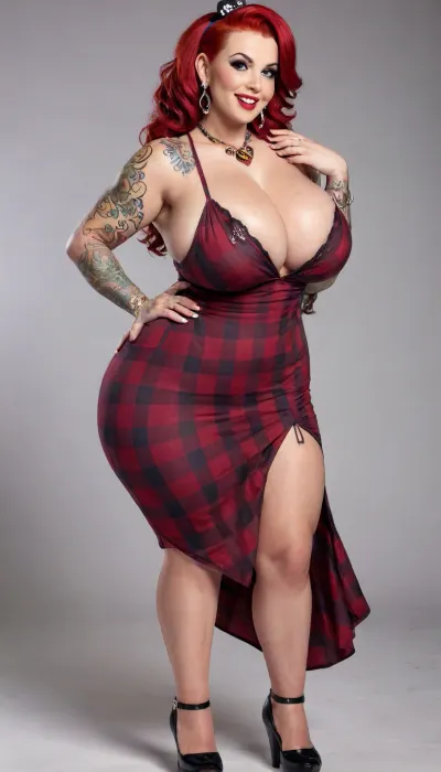 Portrait photo of 40 years old woman, (ultra fat bbw midget), (ultra thick thighs), (large round ass), giant floppy breast. High detail and realistic eyes. Smart smile. Whole body with colored tattoos. Long curly Red hair, rockabilly hair style. Big earrings, necklace, jewellery., (Sexy long chequered rock-a-billy dress:1.5), . Headband. View from side, dynamic angle., (white background:1.5), posing for modelshoot, soft light on the model face, cinematic. Best quality photo, 8k photo, high detail, high resolution photo, <lora:milkers_v2:1>, <lora:220437_training_data:.5>, <lora:Venus_Body_Alpha:.5>