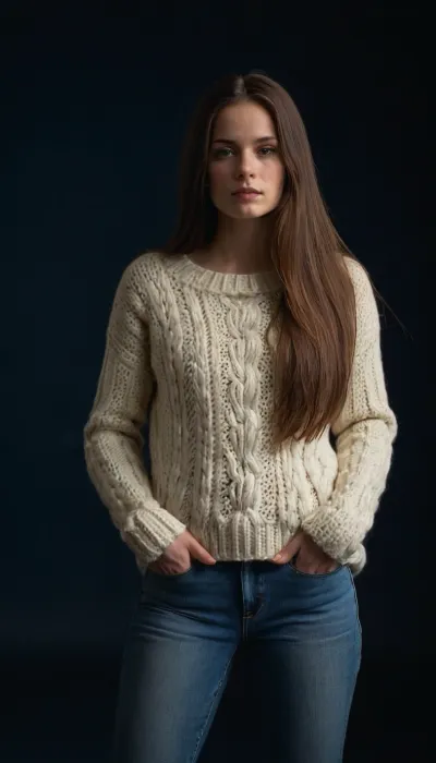 full body portrait of a young woman, slim, brunette, long straight thick hair, flatchested, wearing a wool-sweater and jeans, (cum on face, thick white cum:1), . woman, cum, on, face, <lora:JustCum:1.4>