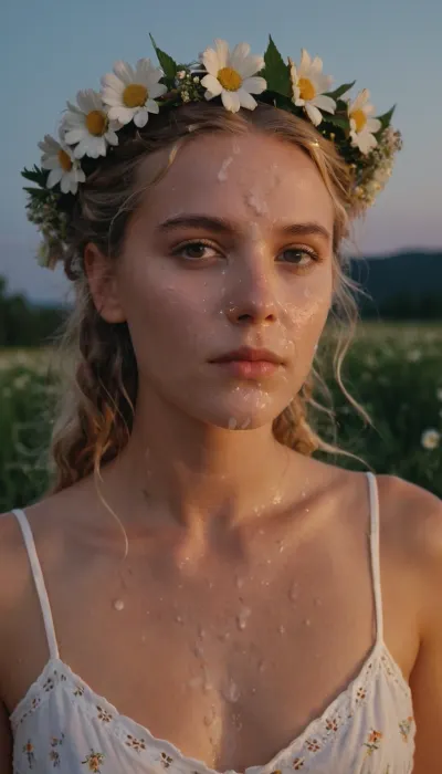half body portrait of a young woman, swedish, flatchested, wearing a summerdress, flower wreath in hair, during white night, midsommar, (cum on face, thick white cum:1.2), . woman, cum, on, face, <lora:JustCum:1.1>