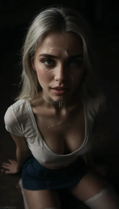 (score_7_up, score_8_up, score_9, 1girl, solo, masterpiece), (overhead view), view from above, on knees, focus on face, (skindentation:1.1), sultry, seductive, seducing, alluring, intimate, sexual, horny, ((long white hair)), (blue micro skirt), 18yo girl, (athletic skin body), (narrow waist:1.4), ((hip gap)), insatiable, lustful, erotica, irresistible, ziprealism, sideboob white work-shirt, white choker, opened mouth, white stockings, (white wet g-strings), blue eyes, cleavage, tongue pulled out, smiling, (cum on face:1.5), ruined make-up, tears, ample cleavage, (black background, chiaroscuro lighting:1), <lora:sunnyrayyxo_v1_SDXLBase:.4>, <lora:dark:.6>