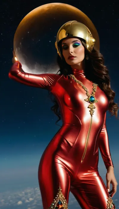 ((30yo brunette, very long wavy hair, Perfect face, (rainbow_make-up), big saggy tits), perfect nipples, perfect pussy), (((Black+gold ornaments latex crotchless bodysuit without cups)), full body visible. Gold high heels), ((stands on the moon, spherical space transparent helmet on the head, view from a distance of 10 meters)), (Sci-fi, spaceship, galaxy view), (photographed by a Nikon Z7 II Camera), high resolution, high detailed, (((red glowing indian electric android body))), (((A giant spaceship emerges from hyperspace near Earth. The Milky Way and Sol are clearly visible)))