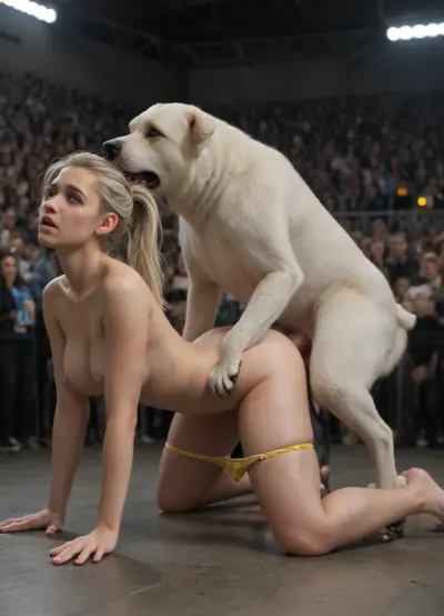 rear view, bestiality, zoofilia, The setting is a rodeo arena, a dark arena with neon lights, a ferocious, (((((((white dog attacks))))))), mounts doggy-style on the backside of a crying petite white-haired 24 yo woman with white hair in ponytail, ponytailed 24 yo girl in knotted sex, a beautiful shy crying girl, despair, perfect a-cup breasts with long erect nipples, girl on all fours, girl is attacked by large white dog, side view, crowd, detailed background, naked girl looks exhausted, (((torn sheer bright yellow panties down around her thighs))), (dog is fucking girl:1.5), (((girl has white ponytail))), 1.5, . girl has scratches on her buttocks, girl has scratches on her face, girl has bruises on her breasts, girl has bruises on her face, (dog has white fur:1.5), abandoned ruined yellow bra on floor, "FUTURE WHORE", White, Pitbull, Dog, <lora:White_Pitbull_Dog_SDXL:.8>, torn, fly, down, at, _______, <lora:tornclothesv6-8:.8>