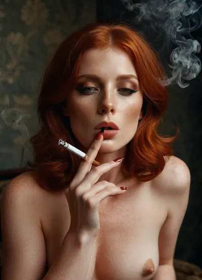 Hi res, full body view, 30yo Irish redhead woman, (smoking:1.3), nude, red pubic hair, smoke coming out of the mouth, perfect hands, perfect fingers, <lora:Smoking_Babes_XL_V2:.9>