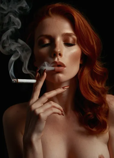 Hi res, full body view, 30yo Irish redhead woman, (smoking:1.3), nude, red pubic hair, smoke coming out of the mouth, perfect hands, perfect fingers, <lora:Smoking_Babes_XL_V2:.9>