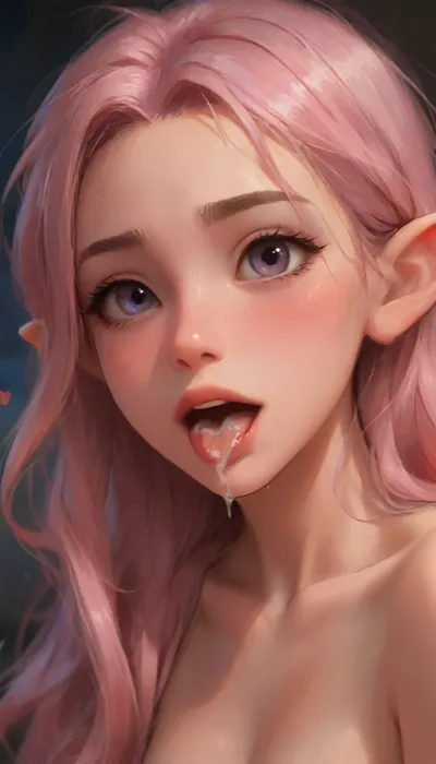 "A fine-art nude photograph with a minimalist aesthetic. The composition focuses on the human form with strong directional lighting, creating deep shadows and high contrast. The subject's body is partially obscured by darkness, emphasizing curves and contours in a dramatic yet elegant way. The negative space enhances the feeling of solitude and introspection.", pink hair, long hair, messy hair, short pointy ears, nude, heart, happy, open mouth, Tongue out, cum in mouth, cum dripping from Tongue, <lora:Animated_Concept:.3>, (j_cartoon:1.5), <lora:samdoesarts1.1-000030:.4>, <lora:J_cartoon:.3>, <lora:Animated_Concept:.4>