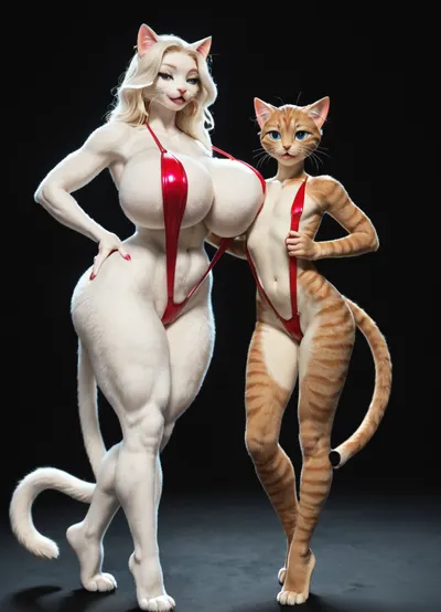 (anthro cat girls:2), 2 cat girls, (1 shorter and younger with 1 taller and older girl:2), happy mother and daughter, (bimbo mother, massive silicone breast, bimbo body, bimbo lips), (slim daughter, small breast daughter, short daughter), mother on the left, mother taller than daughter, walking along a stage together, super pale skin, sling bikini, mother wears red and daughter pink, furry bodies, thick fur