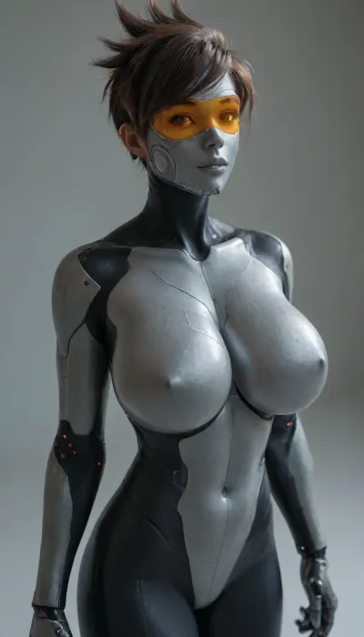(Super slutty robotic tracer), (((perfect robotic hourglass body))), (((robotic hair))), (((((robotic face))))), (((super detailed gigantic round robotic breasts))), (((((robotic fullbody))))), full body, score_9_up, score_8_up, score_7_up, <lora:SDXLHighDetail_v6-000005:1.5>