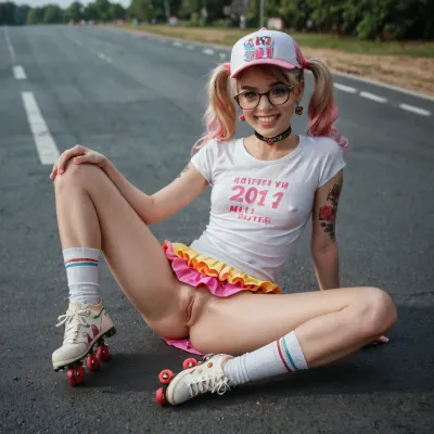 18 year old girl, English, Beautiful, roller skates, innocent looking, happy face, eye contact, blonde and pink hair, pigtails, perfect small breasts, long legs, slim, legs spread wide open, hairy pussy, tattoos, white ankle socks, colorful skirt, tee shirt pulled up to show breasts, choker, glasses, hat, sat on a road, master piece, photo realistic, best quality